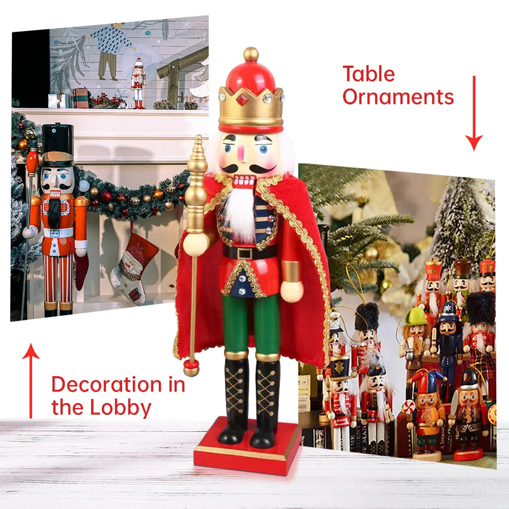 38CM  Wooden Nutcracker Soldier with Cloak - Christmas King Doll Holiday Decor