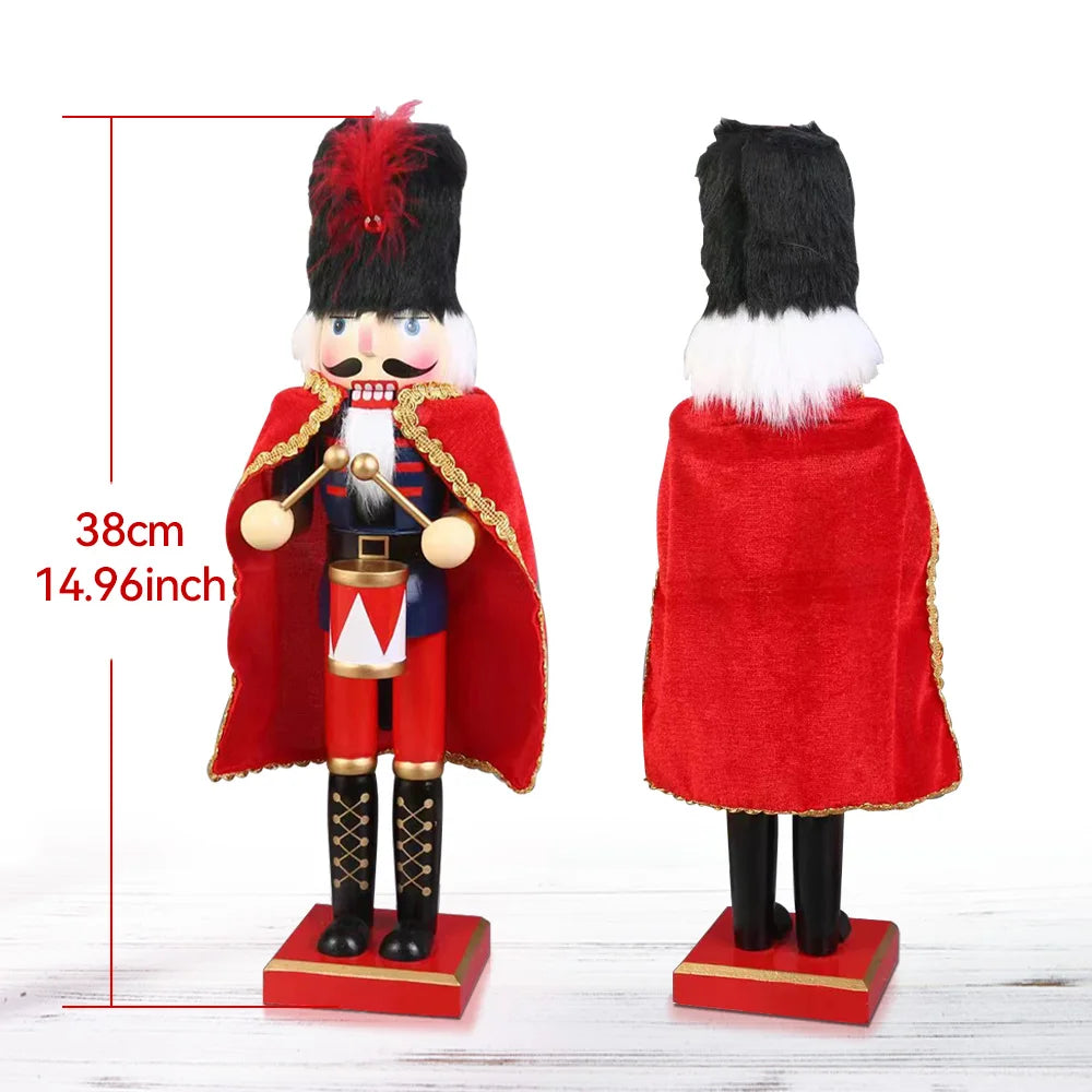 38CM  Wooden Nutcracker Soldier with Cloak - Christmas King Doll Holiday Decor