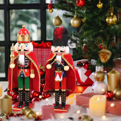 38CM  Wooden Nutcracker Soldier with Cloak - Christmas King Doll Holiday Decor
