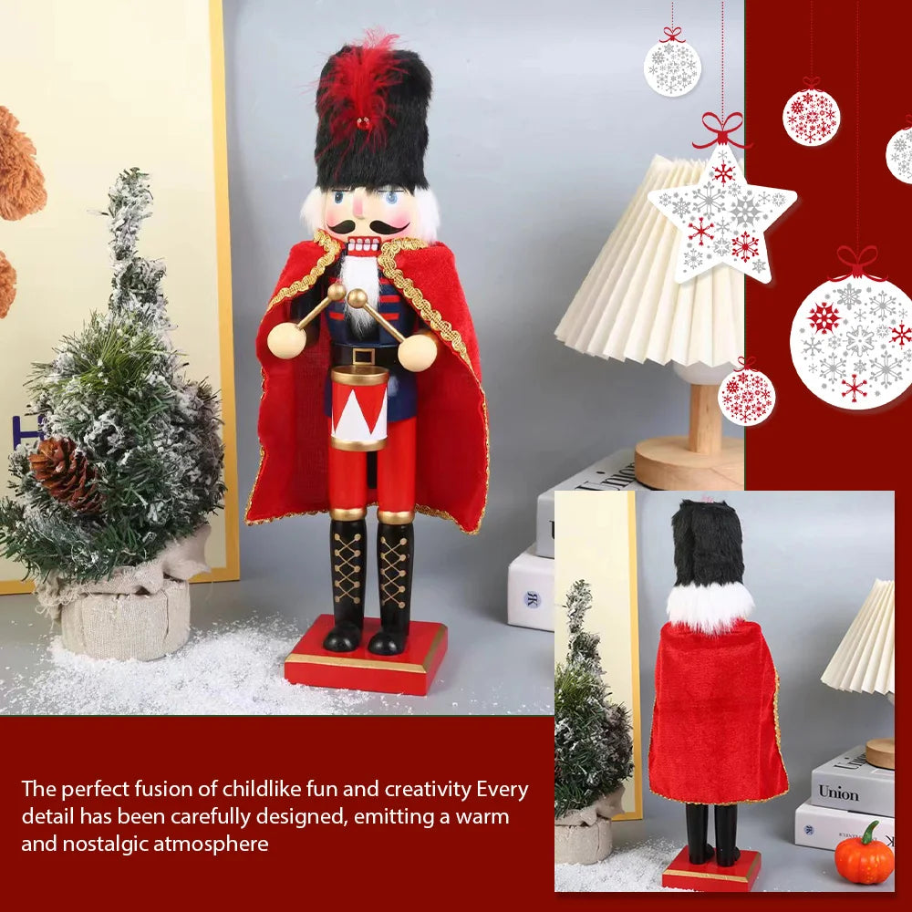 38CM  Wooden Nutcracker Soldier with Cloak - Christmas King Doll Holiday Decor
